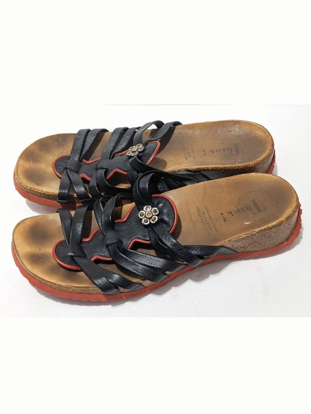 Think! Black/Red Leather Slide Women's Sandals Approx 9.5M / EU 40M Slip-on Cork